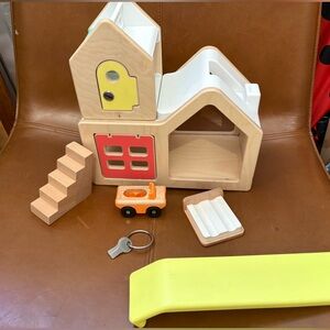 Wooden Playhouse Set with Yellow Slide and Orange Car